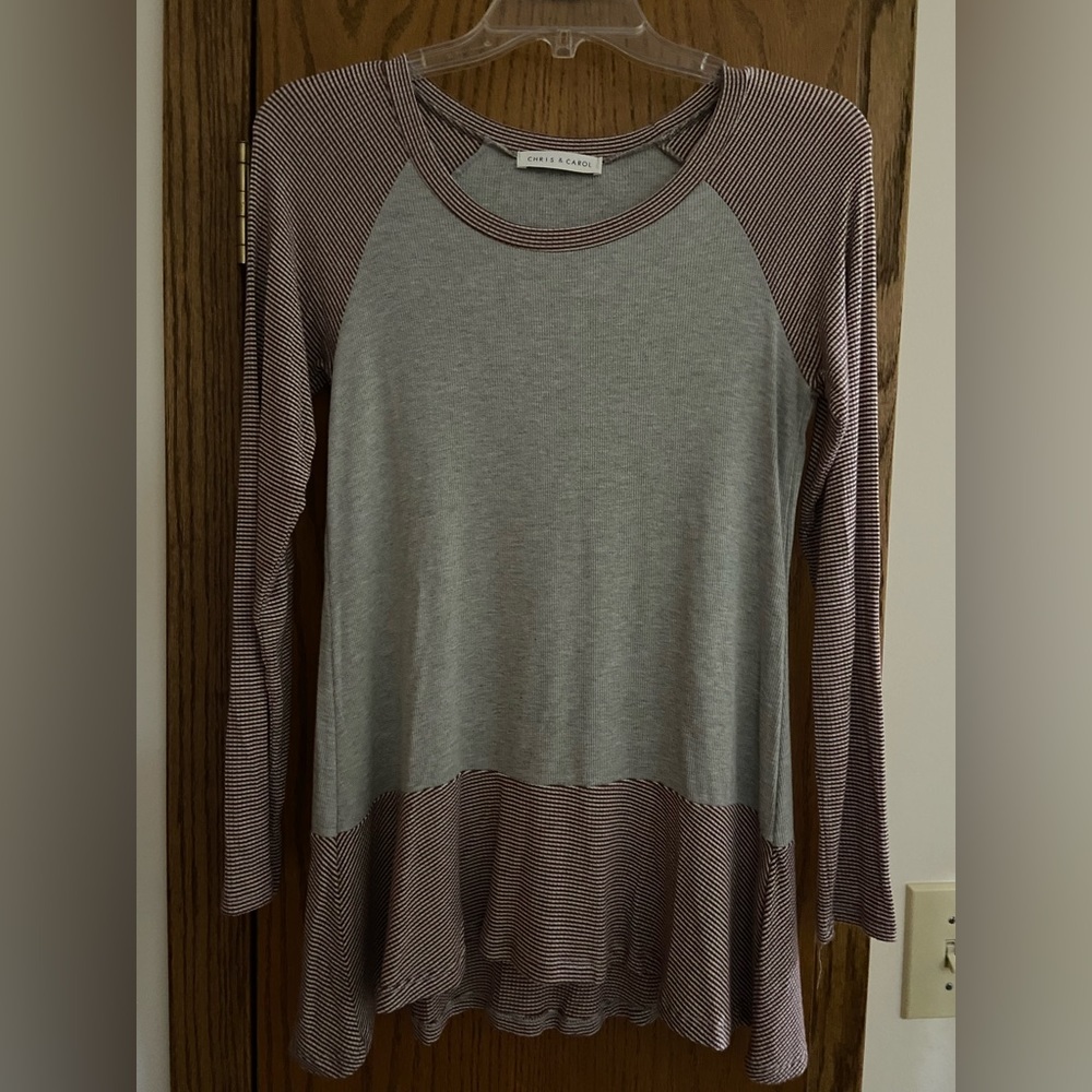 Light heather grey, light mauve/light burgundy striped sleeves and peplum